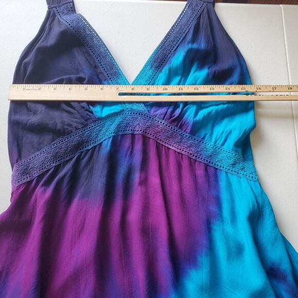 Vintage Sleeveless Empire Waist Tie Dye Blouse V Neck Crochet Lace Boho Hippie - Picture 6 of 14